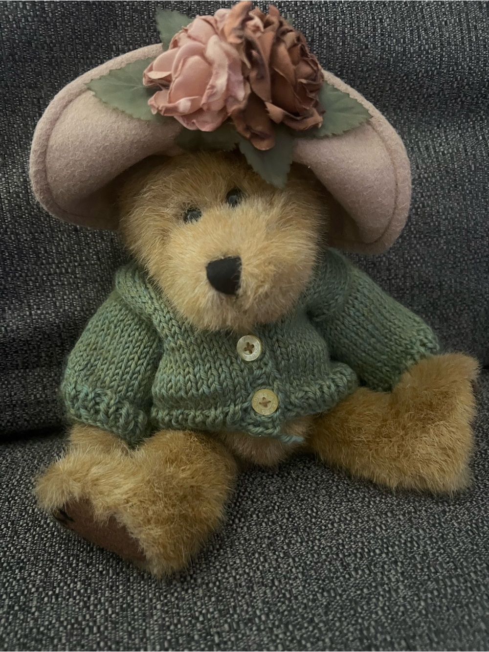 Brown Plush Boyds Bear with Green Sweater and Pink Flower Hat